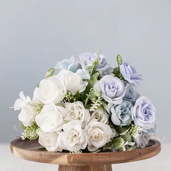 Balta šilko dirbtinių rožių žiedai, vestuvių santuokos pasidaryk pats apdailos nedideli laivai, gėlės blue mini netikrą gėlių namų dekoro