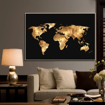 Black Gold Pasaulio Žemėlapyje, Drobė, Tapyba Skandinavijos Plakatai ir Spausdina Modernios Sienos Meno Nuotrauką Kambarį Miegamojo sienų Dekoras
