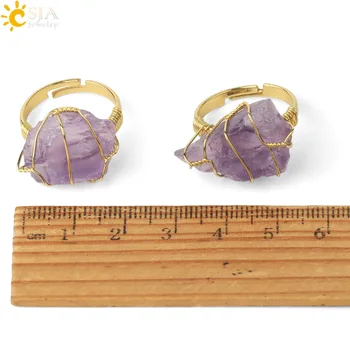 CSJA Natūralaus Akmens Nereguliarus Wire Wrap Moterų Žiedai Gydymo Violetinė Crystal Fluorito Aukso spalvų keičiamo dydžio Mados Piršto Žiedą G339