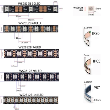 DC5V WS2812B Led Juostelės 30/60/74/96/144 led/m WS2812 Juoda/Balta PCB IP30/65/67 Smart RGB Led Šviesos 1M 4M 5M