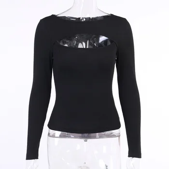 Diau Charn 2020 Mados Moterų Iškirpti vientisos Spalvos marškinėliai Rudenį Seksualus ilgomis Rankovėmis Slim Fit Viršūnes Tuščiaviduriai Atsitiktinis Tee Viršūnės