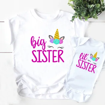 Didelis Sesuo seselė Mergaičių marškinėliai & Kūdikiams Animacinių filmų Vienaragis Gėlių Karūna, Print T-marškinėliai Vaikams Atitikimo Komplektus Drabužių