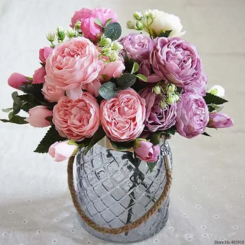 Dirbtinės gėlės apdaila Rožė, Bijūnas Šilko maža puokštė flores šalis, pavasarį vestuvių dekoravimas mariage netikrą Gėlių