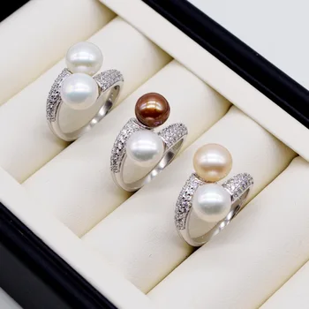 Du kartus perlų žiedas. Apvalių gėlavandenių perlai. 925 sterlingas sidabro. Reguliuojamas. Cirkonis moterų perlų žiedas. vestuvinis žiedas