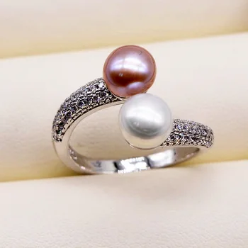 Du kartus perlų žiedas. Apvalių gėlavandenių perlai. 925 sterlingas sidabro. Reguliuojamas. Cirkonis moterų perlų žiedas. vestuvinis žiedas