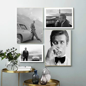 Džentelmenas Šnipinėjimo Filmo 007 Plakatas Obligacijų Automobiliai Juodos ir Baltos Aktorius Spaudinių Filmą Drobės Tapybos Sienos paveiksl Kambarį Dekoro