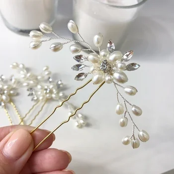 Elegantiška Vintage Metalinės Vielos Pearl Gėlių Kristalų Plaukų Smeigtukai Bridesmaid Įrašą Pusėje Rožančiai Nuotakos Plaukų Aksesuarai Vestuvių Papuošalai