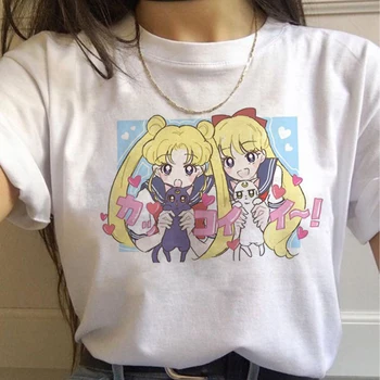FIXSYS Sailor Moon 90s Juokingi Marškinėliai Harajuku Ullzang Marškinėlius Estetinės Katė Anime Moterų Moterų marškinėliai Kawaii Viršūnes Tee