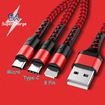 FLOVEME 5A 3 in 1 USB Cable for iPhone Įkroviklio Greito Įkrovimo Micro USB C Tipo Kabelio 