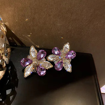 FYUAN Elegantiškas Gėlių Violetinė Crystal Stud Auskarai Moterims, Geometrinis Auskarai Vestuvėms Šaliai, Papuošalai