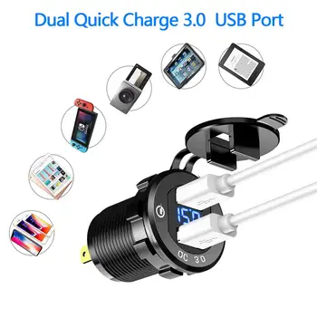 Greitai Įkrauti 3.0 Dual USB Įkroviklio Lizdas Vandeniui Aliuminio Maitinimo Lizdas su LED Voltmeter 12V/24V Automobilinis Valtis Motociklas