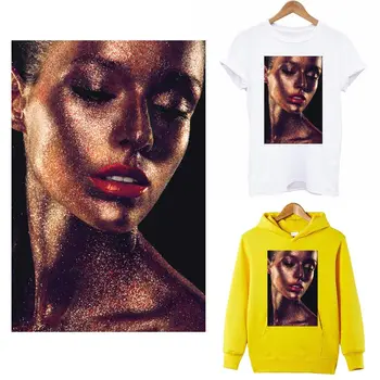 Grožio Mergina, Geležies Lopai Drabužių Aukso Spalvos Modelį Šilumos Perdavimo Šilumos Lipdukas Ant Drabužių Moterims T-shirt Aplikacijos Pleistras