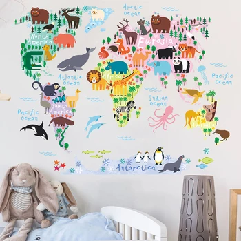 Gyvūnų Pasaulio Žemėlapyje Sienų Lipdukai Vaikų Kambario Darželio Klasėje Apdailos Namų PVC Dekoro 