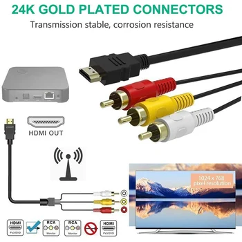 HDMI, 3 RCA Konverteris, Laidas Vyrų vyrams, M/V Jungties Adapterio Kabelis TV Set-top Box Projektorius HD Siųstuvas 1,5 m Laidas