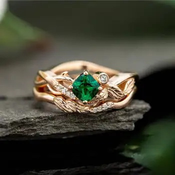 Huitan Romantiška Netinkamų Augalų Žiedai Su Gepmetric Žalia Kubinis Cirkonis Akmuo, Šviežių Lapų Juostos Dizaino Sužadėtuvių Žiedai Karšto