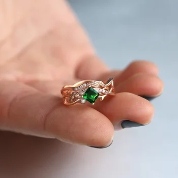 Huitan Romantiška Netinkamų Augalų Žiedai Su Gepmetric Žalia Kubinis Cirkonis Akmuo, Šviežių Lapų Juostos Dizaino Sužadėtuvių Žiedai Karšto
