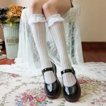 Japonija Lolita Balta Nėrinių Aukštos Kojinės Moterims, Skaidrus Žvejybos Tinklas Gyvulių Femme Ilgo Kelio Kojinės Kojų Pėdkelnės Gyvulių Streetwear