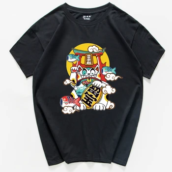 Japonijos Harajuku Streetwear Miesto Stiliaus Trumpomis Rankovėmis T Shirts Hip-Hop Atsitiktinis Medvilnės Pasisekė Katė Vyrų Negabaritinių Anime Tshirts