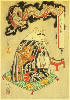 Japonų samurajus katė tatuiruotė katė Retro Plakato kraft 