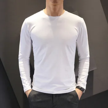 JIAYAN vyriški T-shirt Kietas ilgomis rankovėmis Kieto Dugno Marškinėliai Slim O-kaklo Sklandžiai Prarasti Rudenį Baltas Juodas Negabaritinių Visiškai Atsitiktinis