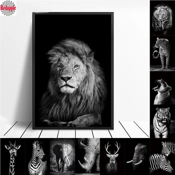 Juoda Balta Dramblys, liūtas Elnias Tigras, Leopardas, raganosį, zebra 5D Diamond Siuvinėjimas, tapyba visą raundą gręžimo 