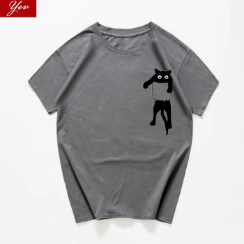 Katė kišenėje grafinis juokinga t-shirt vyrai laisvi streetwear hip-hop hipster tshirts estetinės marškinėliai vyrams Medvilnės viršūnes vyrų 2020 m.