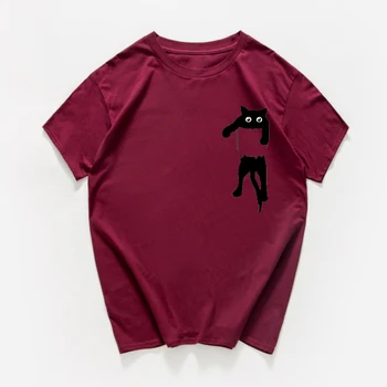 Katė kišenėje grafinis juokinga t-shirt vyrai laisvi streetwear hip-hop hipster tshirts estetinės marškinėliai vyrams Medvilnės viršūnes vyrų 2020 m.