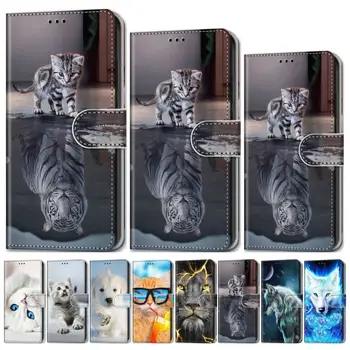 Katė, Tigras Vaikams Mielas Flip Case For Huawei P8 Lite 2017 P9 Lite P10 Lite P20 30 Pro Y3 Y5 Y6 Y7 Y9 2018 Animacinių filmų Padengti Piniginės D08F
