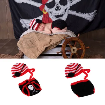 Kaukolė Dizaino Piratų Naujagimiui Mezgimo Nėrimo Kostiumas Kūdikiams Rankų Darbo Kepurės Vystyklų Padengti Vaikų Gimtadienio Fotosesiją Drabužių Komplektus