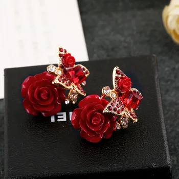 Korėjos Raudona Rožė Gėlių Liustra Auskarai Moterims Aukso Drugelis Krištolo Lašas Smeigės Earing Auskarai Moterų Vestuvių Papuošalai