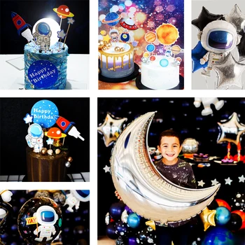 Kosmoso šalis Gimtadienio dekoracijas berniukai Astronautas raketų ballon Galaxy star mėnulis balionai, tortas topper žymeklį vaikams džiaugtis šalis