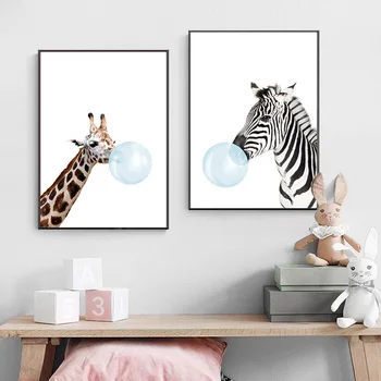 Kūdikių Gyvūnų Mėlynas Burbulas Plakatas Darželio Drobė Sienos Menas Spausdinti Zebra Žirafa Tapybos Šiaurės Vaikams Apdailos Nuotrauką Miegamojo Puošimas