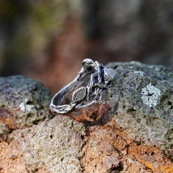 Kūrybos inkrustacijos gamtos mėnesiena akmens juodojo aukso filialas žiedas retro metalo, dažyti juoda lapų žiedas tinka vestuvių šalis