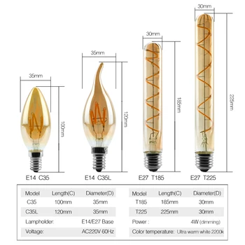 LED, Kaitinamosios Lemputės C35 T45 ST64 G80 G95 G125 Spiralinės Šviesos 4W 2200K Retro Vintage Šviestuvai, Dekoratyvinis Apšvietimas, šviesos srautą galima reguliuoti Edison Lempos