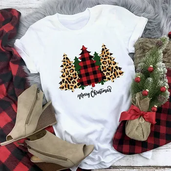Linksmų Kalėdų Marškinėliai Mados Moterų Marškinėliai Leopard Pledas Medžio Naujųjų Metų Marškinėlius Kalėdos Tee Viršūnes Grafinis Marškinėliai Moteriška Tees Marškinėliai