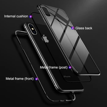 Mados 360 Magnetinio Adsorbcijos Metalo, atsparus smūgiams Grūdintas Stiklas Case For iPhone 6 6S 7 8 Plus X XR XS Max Magneto Dangtelis