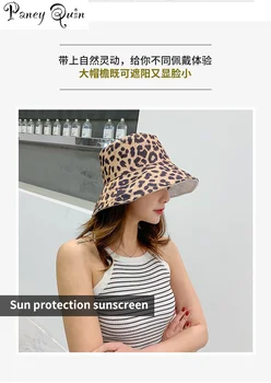 Mados 4 sezonas leopardas spausdinti žvejys skrybėlę Japonijos dvipusis skėtį nuo saulės, lauko kelionių Saulės Bžūp Skrybėlės Moterims kibirą skrybėlės