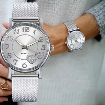 Mados Moterų Laikrodžiai Ponios Žiūrėti Silver Širdies Dial Silikono Tinklelio Diržo Riešo Žiūrėti Reloj Mujer Montre Femme Moterų Žiūrėti Dovana