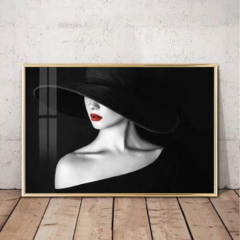 Mados Moterų Sienos Meno Plakatas Black Hat Sexy Raudona Lūpų Drobė, Tapyba, Modernus 