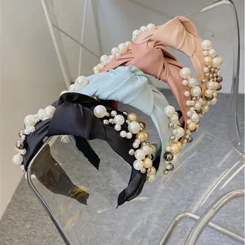 Mados perlų plaukų aksesuarai moterims vientisos spalvos audinio rišti kaspinai dydžio perlas lankelis boutique mergina plaukų juostos galvos apdangalai