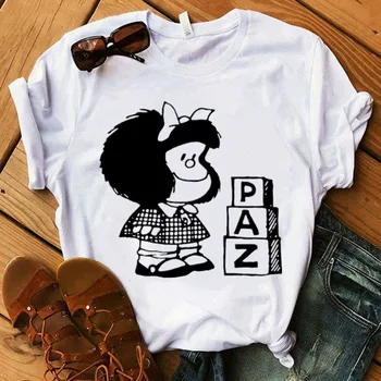 Mafalda T-shirt Moterims, Vasaros harajuku atsitiktiniai trumpomis rankovėmis marškinėliai Streetwear O Kaklas Baltas Viršūnes Trišakis 90-ųjų animacinių filmų marškinėlius Femme