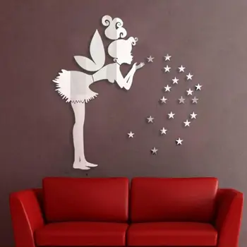 Magic Angel Pasakų Mergaitė & Stars 3D Veidrodis iš Akrilo Sienos Lipdukas, Decal, Vaikams, Vaikų, Miegamojo Kambario Patalpų Deco Sienos Lipdukas