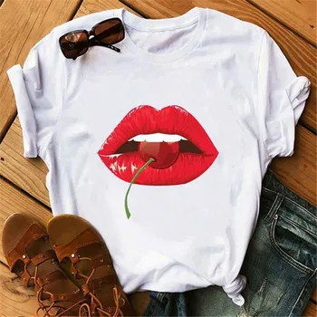 Maycaur Raudona Lūpų Tshirts Moterų Harajuku Ullzang Kawaii T-shirt Vasaros Femme Marškinėlius Mados trumpomis Rankovėmis Viršūnes Tees Moterų Marškinėliai