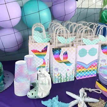 Mergina gimtadienio Vienkartiniai indai nustatyti Undinė šalis Popieriniai maišeliai plokštės taurės indai Vestuvių dekoravimas 1st Baby shower