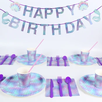 Mergina gimtadienio Vienkartiniai indai nustatyti Undinė šalis Popieriniai maišeliai plokštės taurės indai Vestuvių dekoravimas 1st Baby shower