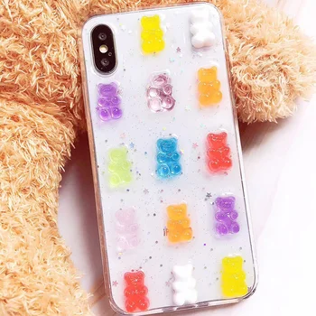 Mielas 3D Stereo Blizgučiai Telefono dėklas Skirtas iPhone 12 11 Pro XS Max Gummy Bear Candy Spalva Atveju, 