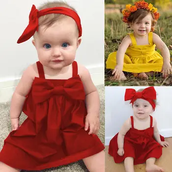 Mielas Kūdikis Mergaičių Vasaros Sundress Bowknot Trumpa Mini Suknelė, Liemenė Vaikiška Vaikai Medvilnės Atsitiktinis Suknelės Rankovių Apranga Raudonas Ir Geltonas