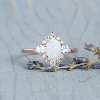 Mielas Moterų Maži Mėnulio Akmuo Opalas Žiedas Žavesio Rose Aukso Spalvos Vestuviniai Žiedai Moterims Skanėstas Nuotakos Ovalo Formos Sužadėtuvių Žiedas