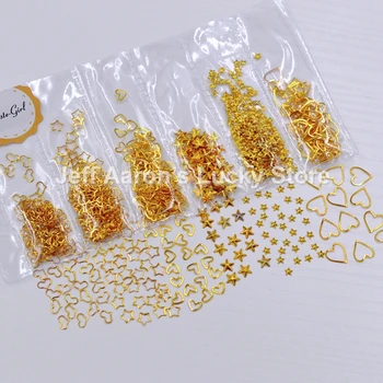 Mišrių stilių aukso metalo 3d nagų dailė papuošalai širdies star kadrų nagai reikmenys, manikiūro reikmenys projektavimo įrankiai