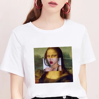 Mona Lisa marškinėliai Moterims klaidingą asmenybės mados Marškinėlius vasaros 2020 Harajuku estetika Trumpas Rankovės Baltos Viršūnės Moterų marškinėliai